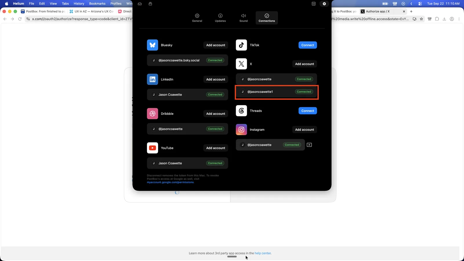 PostBox's Connections settings with two X accounts connected under different handles.