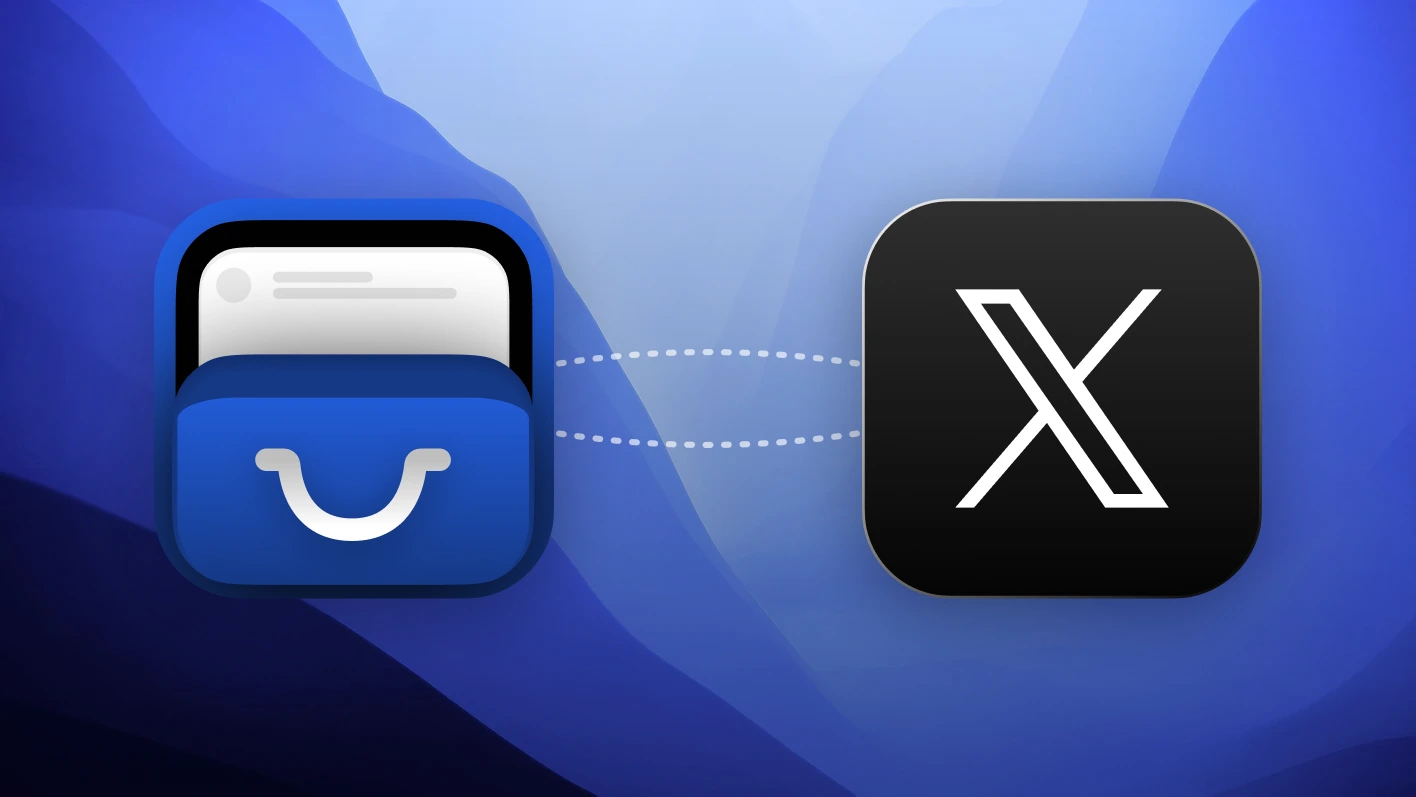 A MacBook with the PostBox icon and the X icon side by side, joined by two arrows running in a loop between them.