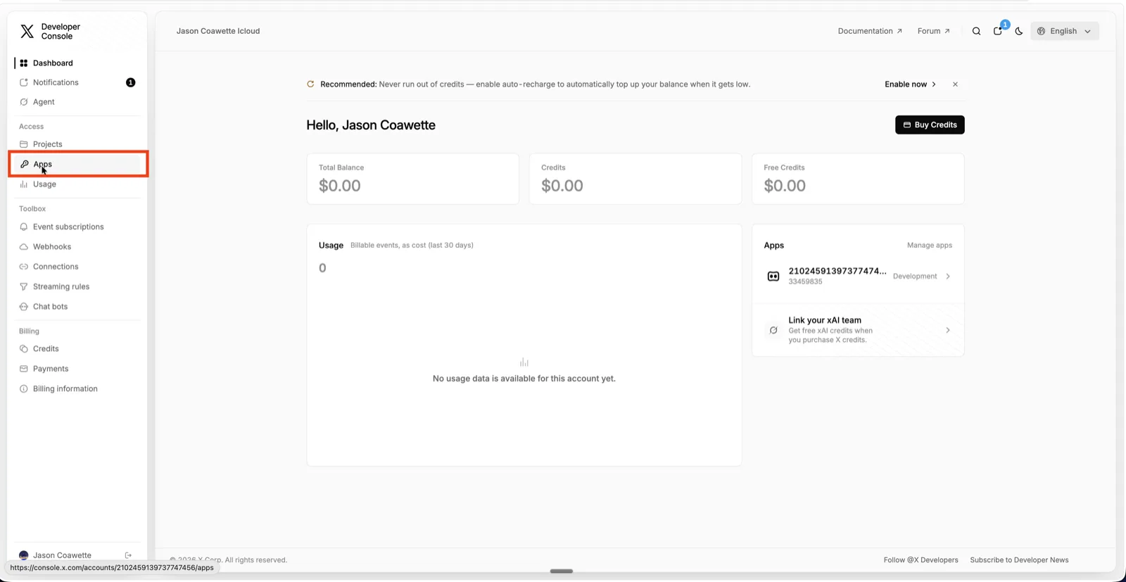 The developer console dashboard after enrolment, with Apps in the left nav.
