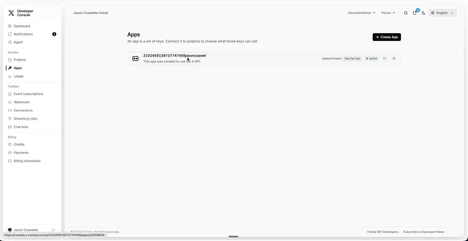 The Apps list, showing the default app X created during enrolment on the Default Project.