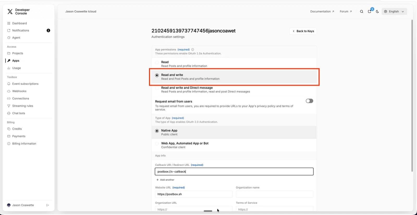 User authentication settings, with Read and write selected, Native App chosen, and postbox://x-callback in the Callback URI field.