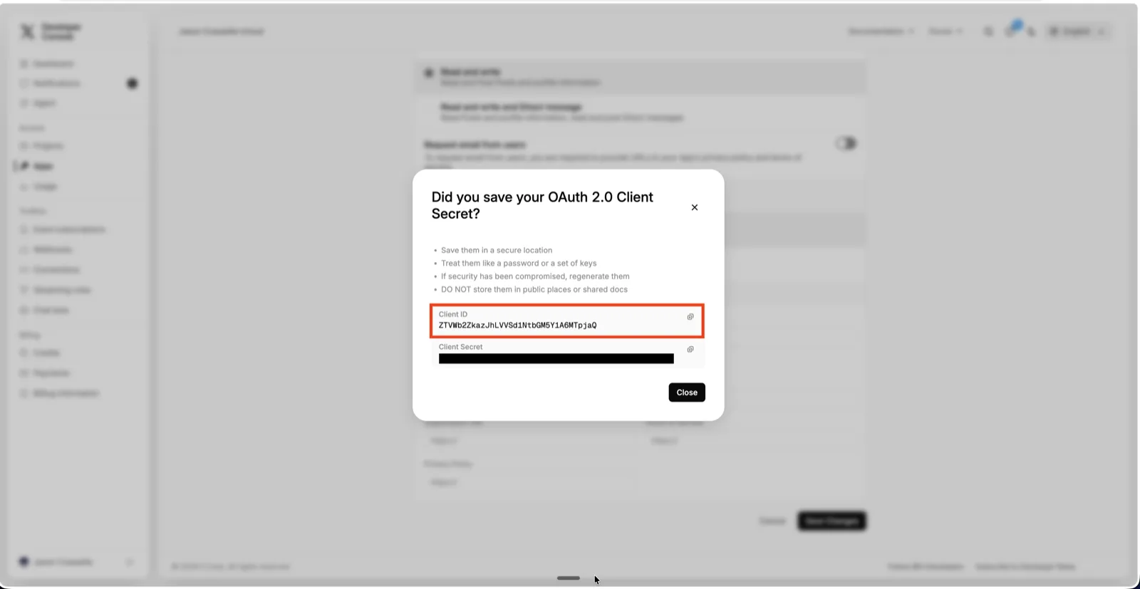 The “Did you save your OAuth 2.0 Client Secret?” dialog, with the Client ID picked out above the Secret.