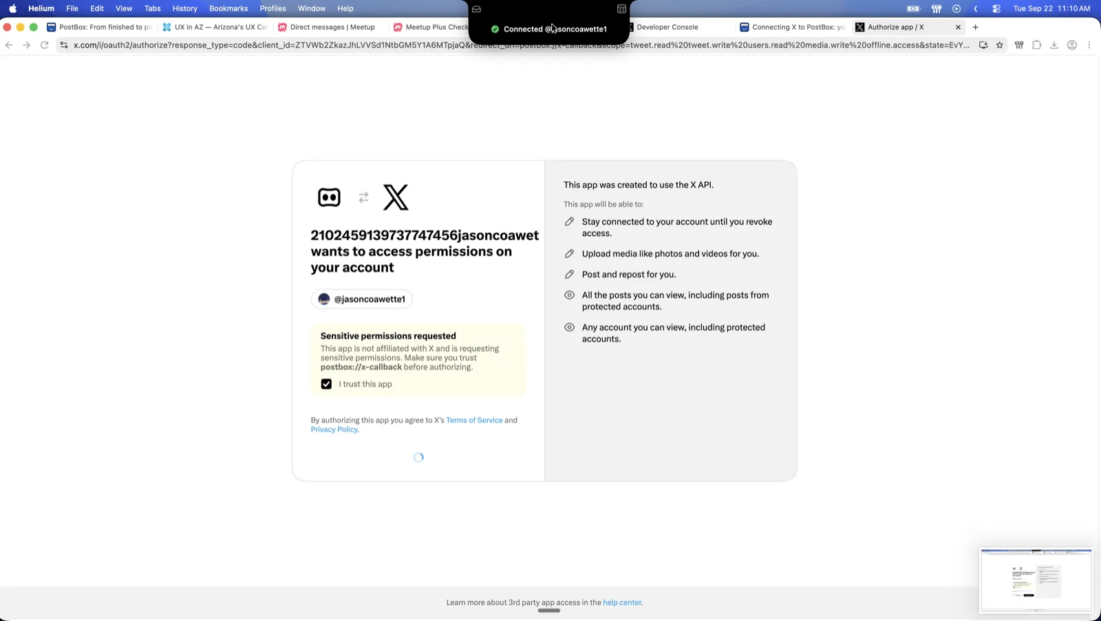 X’s authorize page, with the sensitive-permissions warning, the “I trust this app” box ticked, and PostBox reporting the connection in the notch.